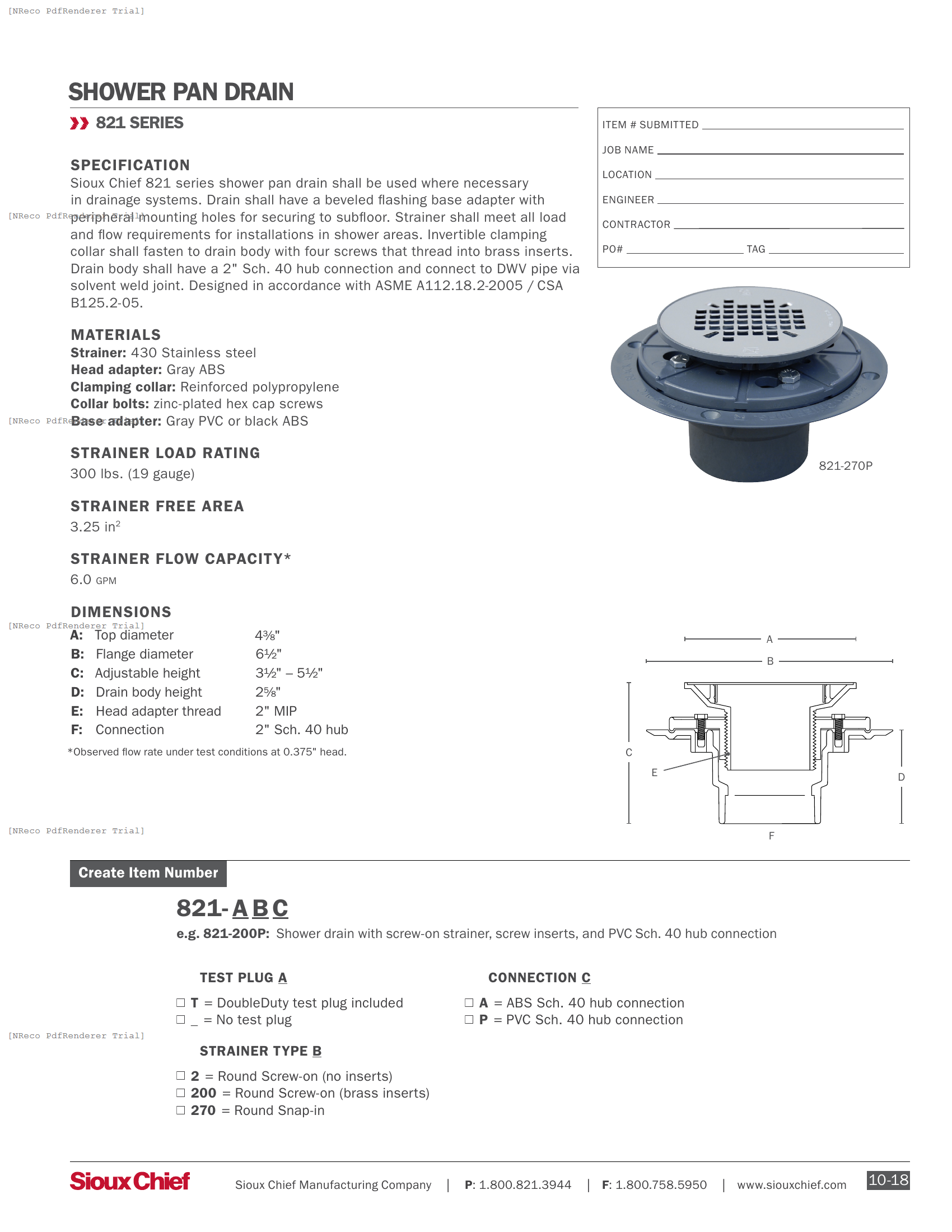 821-2 SERIES - SHOWER PAN DRAIN - SPEC SHEET.PDF Specification Document